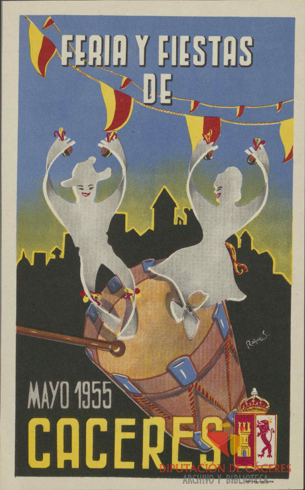 Ein buntes Plakat, das die Faschingsveranstaltungen "Feria y Fiestas de Caceres" in Cacceres, Spanien, ankündigt, zeigt Menschen in traditioneller Kleidung, einen hellgelben Hintergrund und weitere Details.
