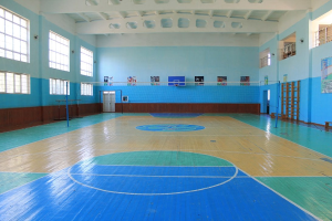 Große Turnhalle mit einem blauen und weißen Basketballfeld, einem Netz an Stangen, einer Tür, Fenstern, Plakaten an den Wänden, einem Geländer und einem Dach.