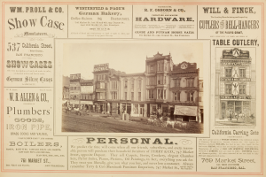 Ein altes Werbeplakat für einen Stadtladen, das Bilder von Gebäuden, Menschen, Karren und Pferden zeigt, mit Text, der wahrscheinlich das Angebot des Ladens beschreibt.