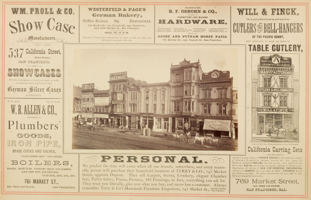 Ein altes Werbeplakat für einen Stadtladen, das Bilder von Gebäuden, Menschen, Karren und Pferden zeigt, mit Text, der wahrscheinlich das Angebot des Ladens beschreibt.