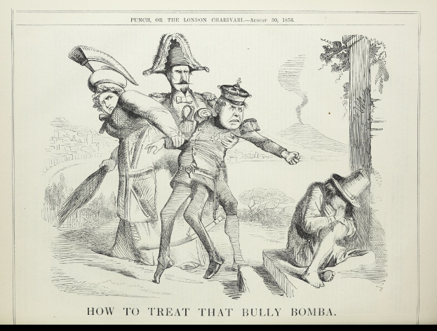 Ein Blatt Papier mit einer Zeichnung von drei Personen, eine hält einen Stock, und Text, der "Wie man diesen Mobbing-Bomba behandelt" lautet.