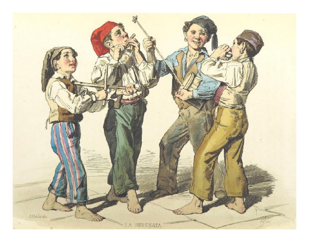 Malerei von Kindern, die Musikinstrumente spielen, mit einem menschlichen Gesicht in der Mitte und Text unten.