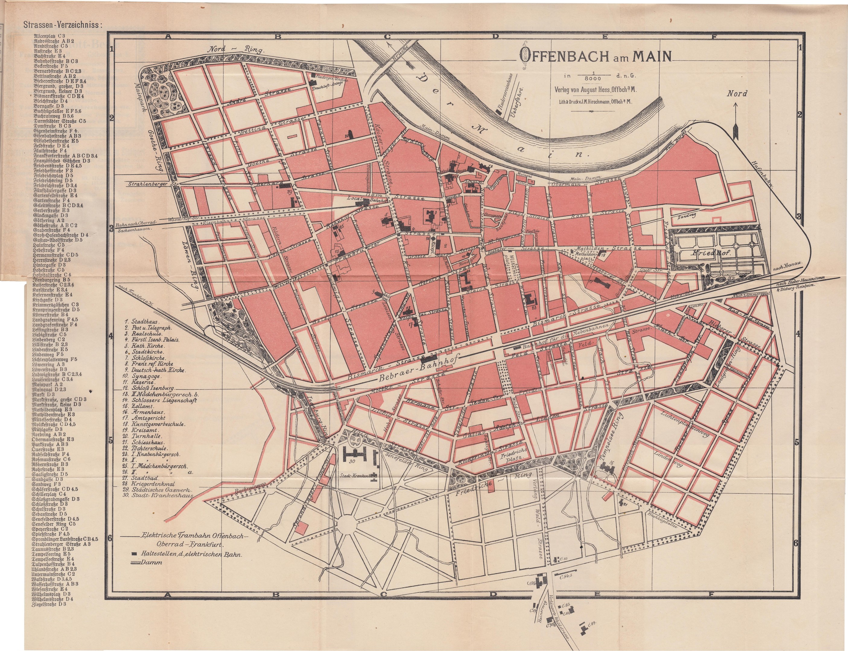 Detailiertes altes Stadtplan von Offenbach, Deutschland, zeigt Straßen, Gebäude und Sehenswürdigkeiten auf einem weißen Hintergrund.