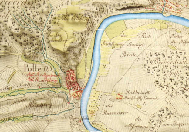 Detailiertes altes Stadtplan von Polle, Deutschland, mit einem Fluss, Straße, Gebäude und anderen Merkmalen.