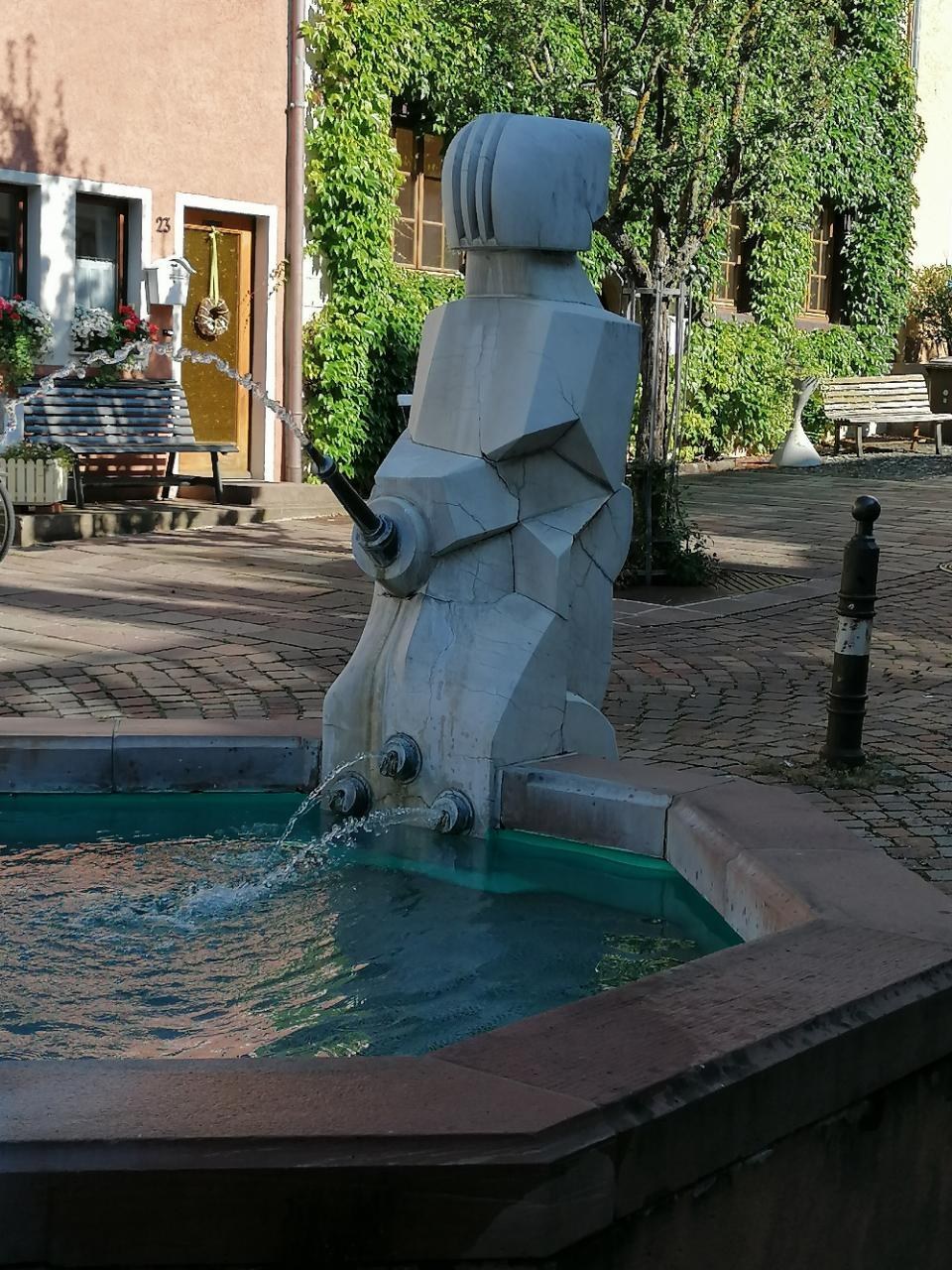 Ein Stadtplatzbrunnen umgeben von Gebäuden, Grünflächen, Bänken und Blumenkübeln.