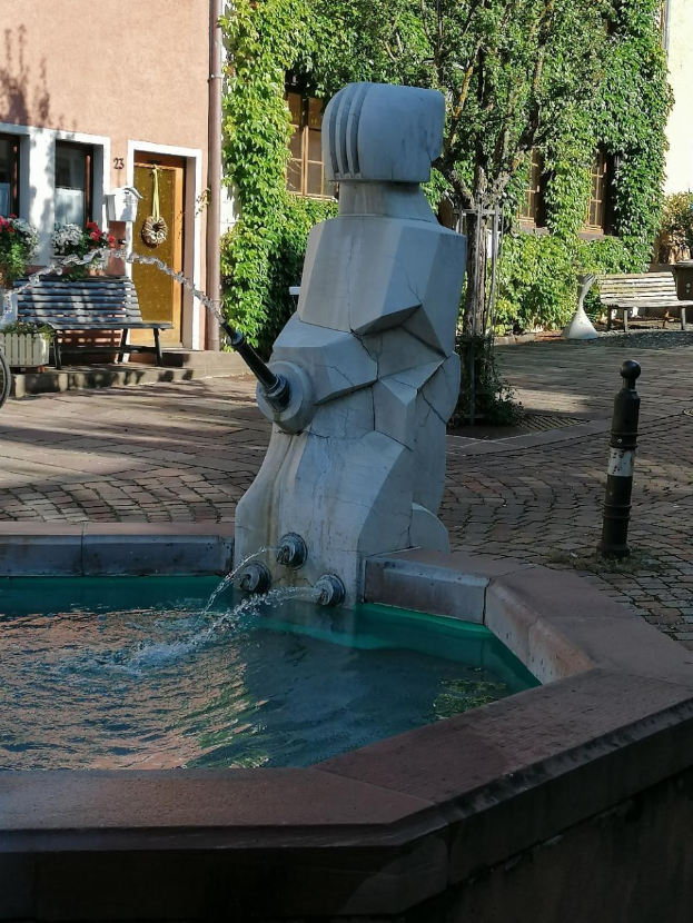 Ein Stadtplatzbrunnen umgeben von Gebäuden, Grünflächen, Bänken und Blumenkübeln.