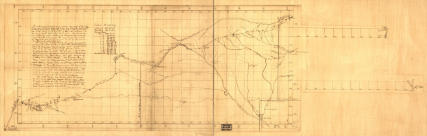 Ein altes Buch mit einer detaillierten Kartenskizze auf dem Cover, das Straßen, Autobahnen und Texte mit Namen von Städten, Ortschaften und Sehenswürdigkeiten zeigt.