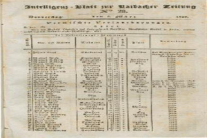 Ein altes Buch mit einer Liste von Namen und Zahlen auf der ersten Seite eines deutschen Genealogie-Buches, gefüllt mit Text und Zahlen, die die Genealogie des deutschen Volkes dokumentieren.