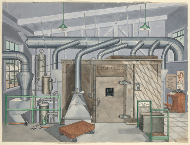 Eine detaillierte industrielle Zeichnung mit einer zentralen großen Maschine in einer Fabrik, umgeben von verschiedenen Maschinen, Rohren, einer Tür, einem Wagen, einem Tisch, einem Stuhl, einer Tafel mit der Aufschrift "American Foundry Equipment Co, Indiana", Fenstern und Deckenleuchten.