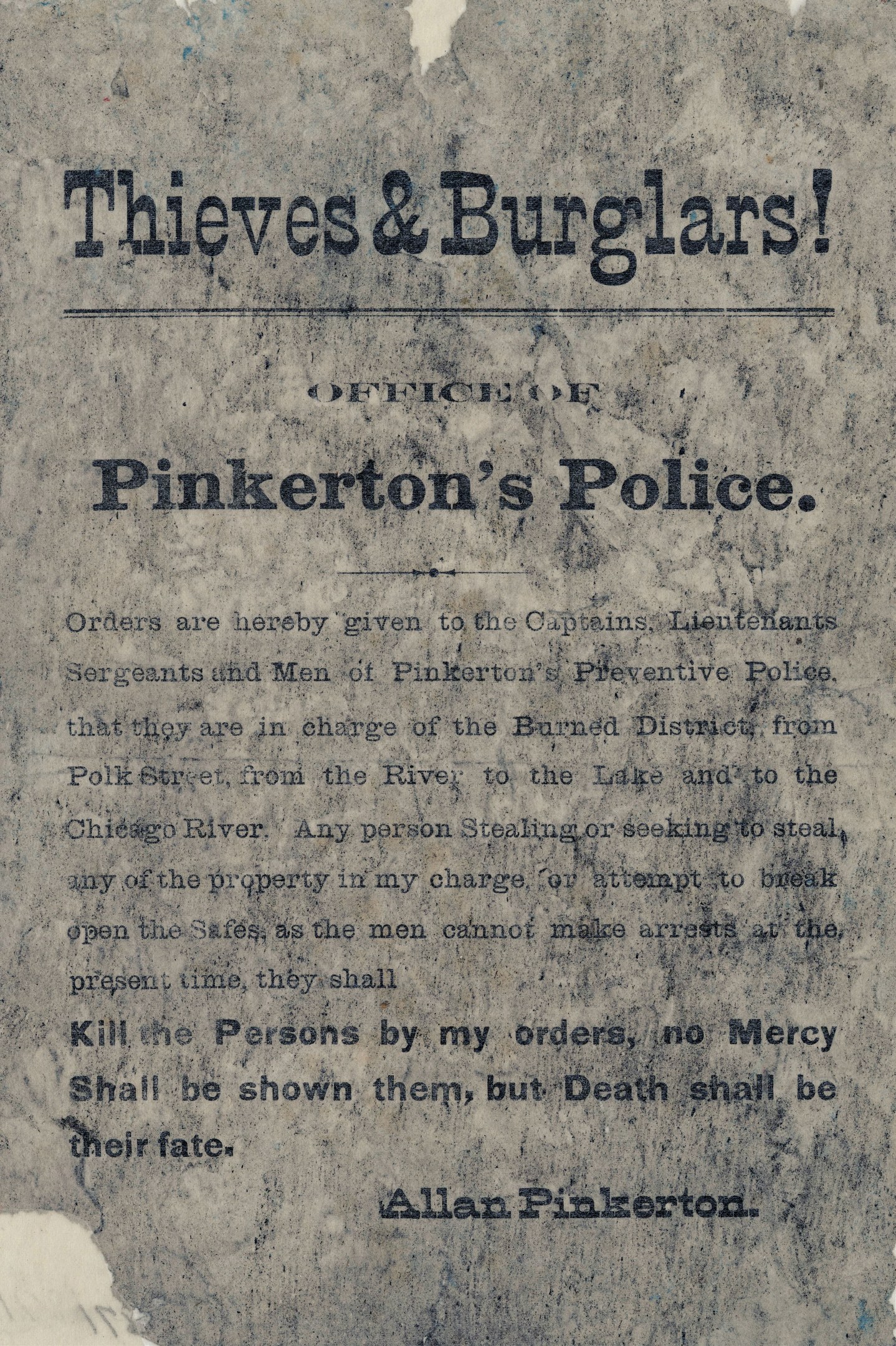Plakat mit fetter schwarzer Schrift "Thieves & Burglars Pinkerton's Police" auf weißem Hintergrund, umrandet von einem schmalen schwarzen Rand.