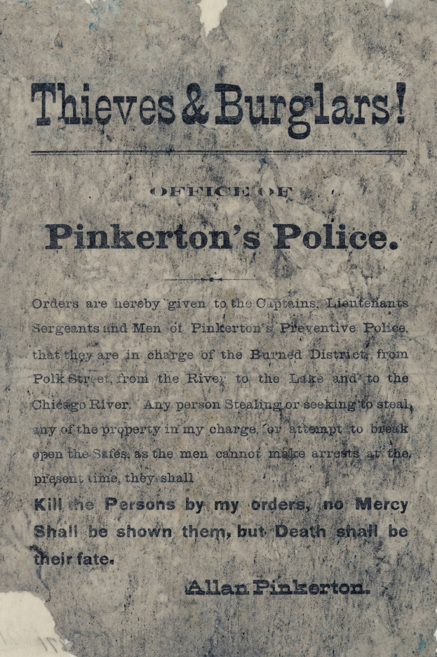Plakat mit fetter schwarzer Schrift "Thieves & Burglars Pinkerton's Police" auf weißem Hintergrund, umrandet von einem schmalen schwarzen Rand.