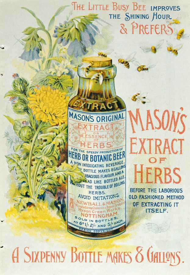 Plakat mit einer Flasche Mason's Extract of Herbs, umgeben von Blumen und Bienen, mit beschreibendem Text.