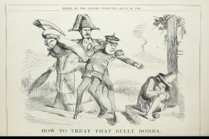 Ein Blatt Papier mit einer Zeichnung von drei Personen, eine hält einen Stock, und Text, der "Wie man diesen Mobbing-Bomba behandelt" lautet.