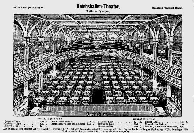 Schwarzes und weißes architektonisches Zeichnung des Reichshallen Theaters in Berlin, das das Auditorium mit Sitzreihen, Säulen und Decke zeigt, mit Text unten.