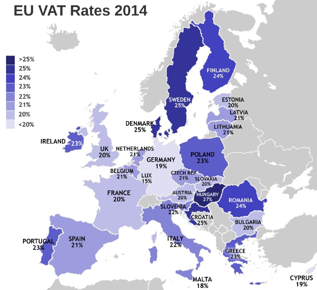 Eine Karte von Europa, die die EU-USt-Sätze für 2014 mit Prozentangaben und Text anzeigt.