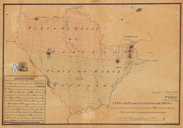 Ein altes Brasilien-Karte in einem Foto-Rahmen, das die Provinzen Brasiliens und Brasilien hervorhebt, mit der Aufschrift "Copia do Plano da Contenda de Moura".