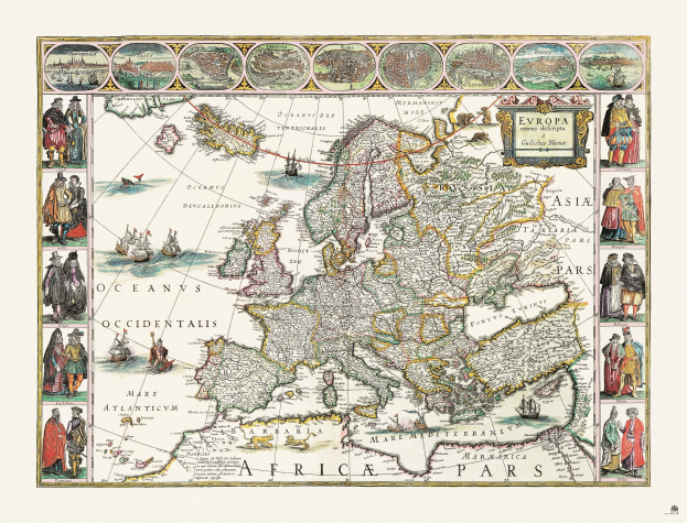 Ein 16. Jahrhundert-Europa-Kartenplakat mit illustrierten Figuren, beschrifteten Städten, Flüssen und Regionen, begleitet von beschreibendem Text.