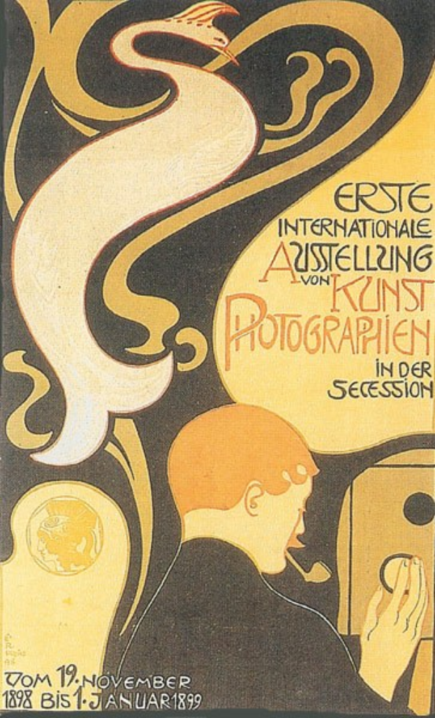 Internationaler Ausstellungsposter für "Kunst Photographien in der secession" mit einem Bild einer Person und eines Vogels und Text mit Ausstellungseinzelheiten.