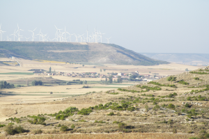 Ein Windpark mit mehreren rotierenden Windrädern auf einem Feld, umgeben von Bäumen, Pflanzen, Gras und Häusern, unter einem sichtbaren Himmel.