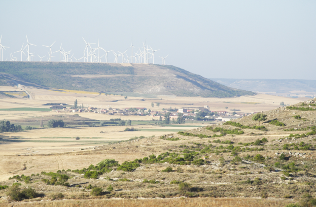Ein Windpark mit mehreren rotierenden Windrädern auf einem Feld, umgeben von Bäumen, Pflanzen, Gras und Häusern, unter einem sichtbaren Himmel.