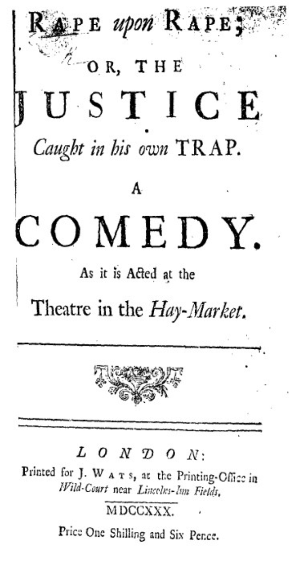 Schwarzer und weißer Plakat mit der Aufschrift "Vergewaltigung auf Vergewaltigung oder die Gerechtigkeit in seiner eigenen Falle" in fetter schwarzer Schrift, wahrscheinlich Ankündigung einer Comedy-Show.