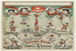 Ein lebendiger Plakatentwurf für Fantasia Arabe Famille Africaine, der Menschen in traditioneller afrikanischer Kleidung, grüne Bäume, eine strahlend gelbe Sonne und eine dekorative Textumrandung zeigt.