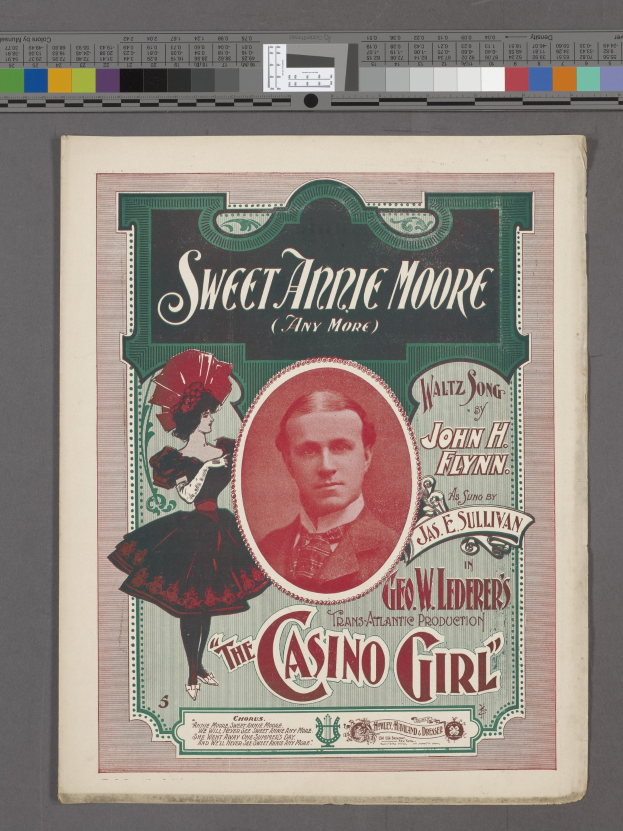 Plakat für das Stück 'Sweet Annie Moore und die Casino Girl' mit zwei Schauspielern, mit fetter Titelbeschriftung auf einem hellgelben Hintergrund.