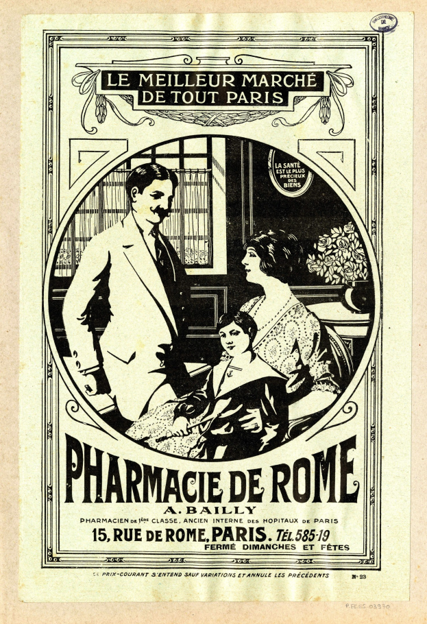 Schwarze-Weiße-Werbung für eine Apotheke in Rom mit einem Mann und einer Frau nebeneinander mit Text, der die Dienstleistungen beschreibt.