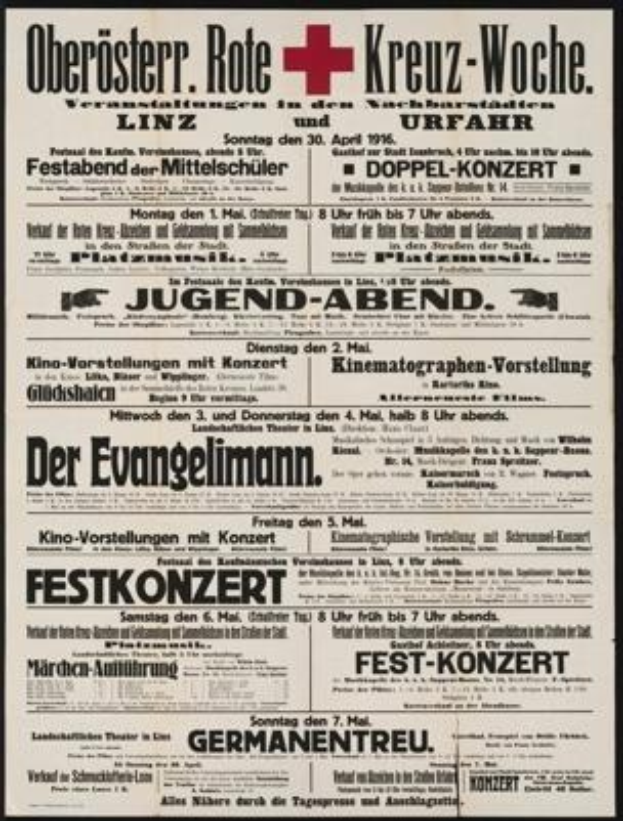 Schwarze und weiße deutsche Zeitungsanzeige für das Deutsche Rote Kreuz vom 30. April 1916, mit Text und einem Pluszeichen.