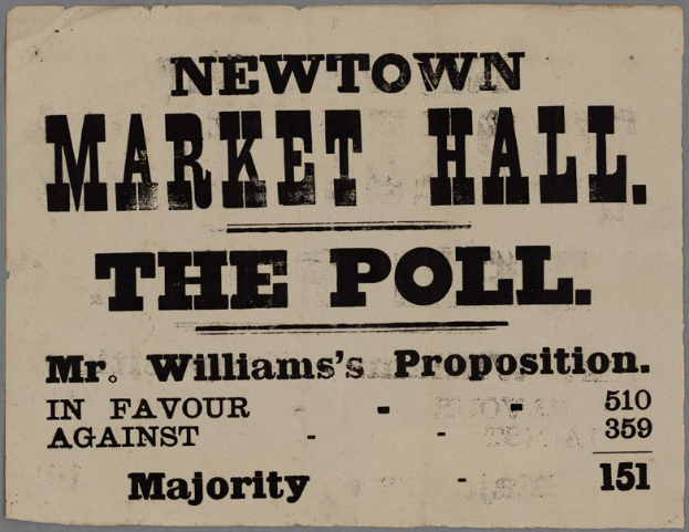 Papier mit handgeschriebener Text: "Newtown Market Hall, die Wahl, Mr. Williams' Proposition für gegen die Mehrheit."