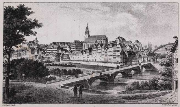 Schwarz-weiß-Illustration einer Brücke über einen Fluss mit Fußgängern, Bäumen und Gebäuden im Hintergrund, beschriftet mit "Nürnberg, Deutschland aus der Illustrated London News."