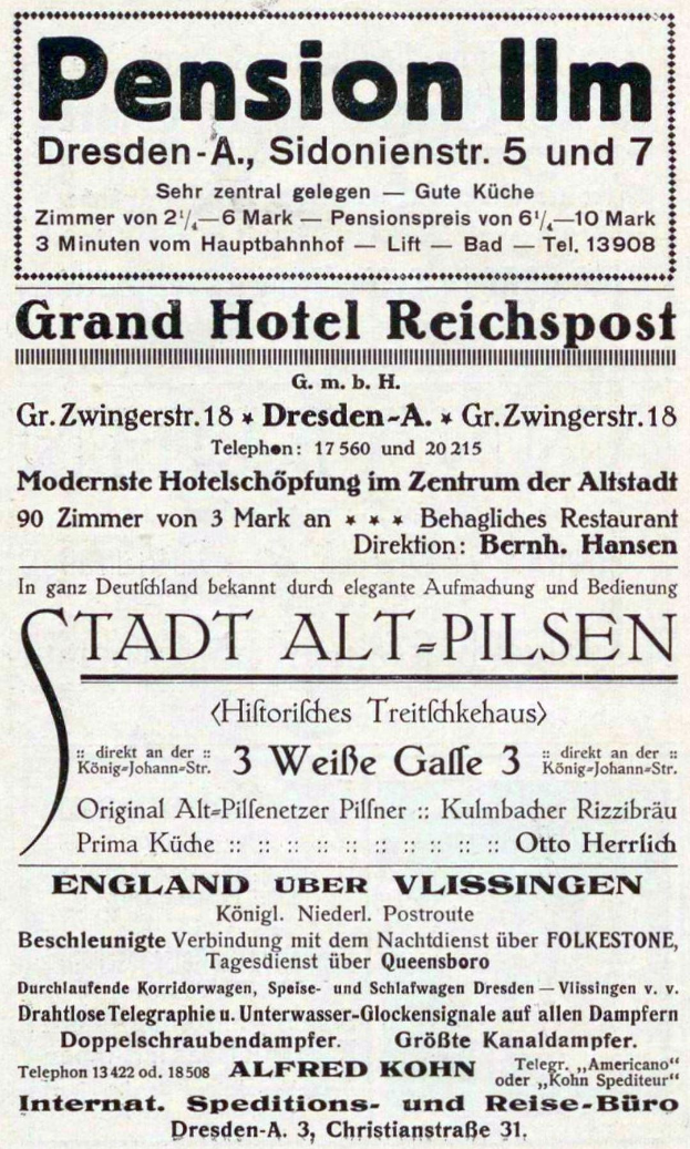 Schwarz-weiß-Anzeige für das Pensionshaus in Dresden, Deutschland, im Stil einer alten Zeitung gedruckt.