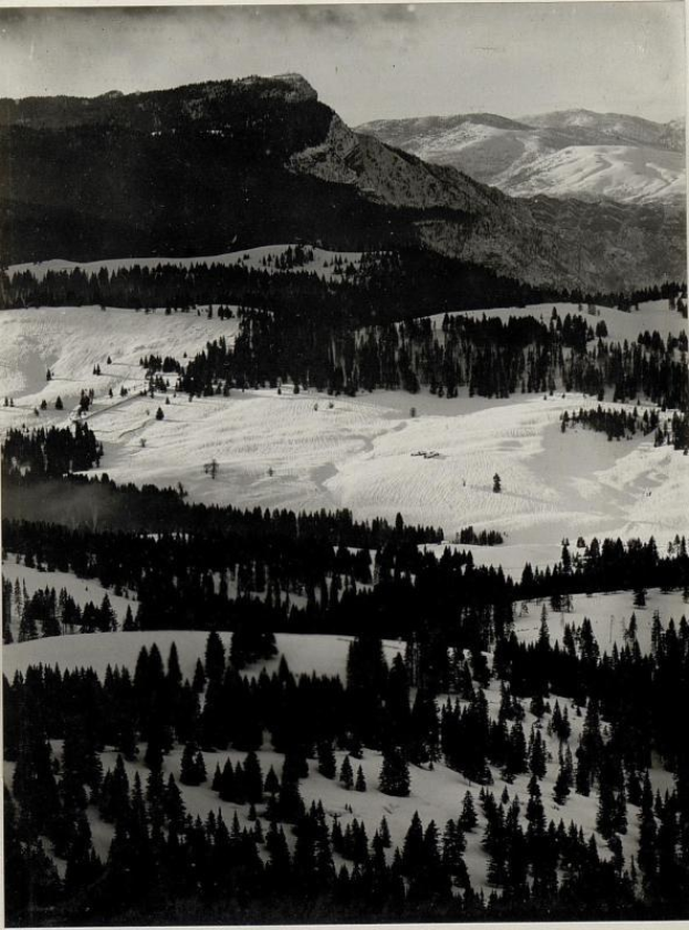 Schwarzes und weißes Foto einer verschneiten Gebirgskette mit Bäumen im Vordergrund und Himmel im Hintergrund, beschriftet mit "Sierra Nevada Ski Resort, California, USA" unten.
