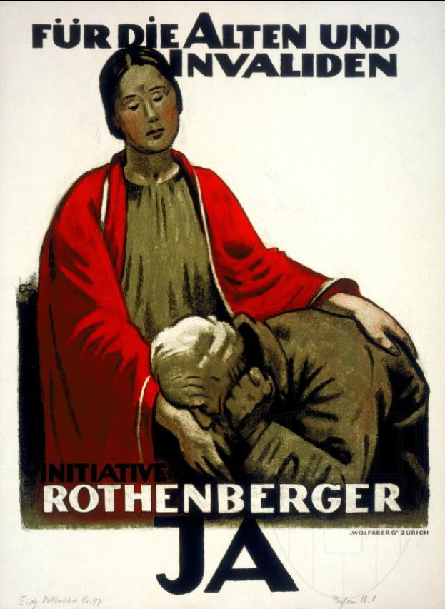 Eine Frau mit einem Baby auf dem Arm, im Hintergrund ein deutscher Propagandaplakat-Text über die Initiative Rothenberger JA.