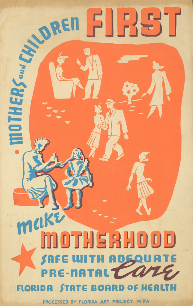 Plakat mit fetter weißer Schrift "Macht Schwangerschaft sicher mit ausreichender Vorsorge" auf einem hellblauen Hintergrund, das verschiedene strahlende Menschen zeigt, die den Betrachter anblicken.