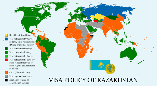 Eine Weltkarte, die die Visa-Politik von Kasachstan in verschiedenen Farben darstellt, mit dem Text "Visa-Politik von Kasachstan" unten.