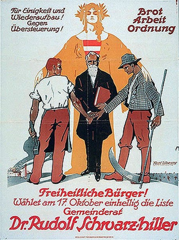Deutsches Propagandaplakat für Dr. Rudolf Schwarzhillers "Freiheitliche Bürger" mit einer Gruppe von Menschen, die zusammenstehen, wobei eine Person in der Mitte ein Buch hält und Text weitere Informationen zum Film liefert.