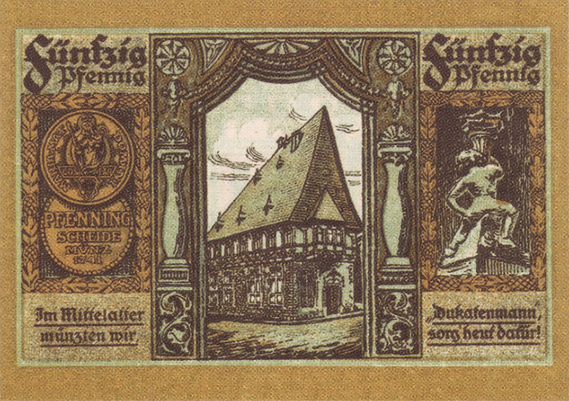 Alte deutsche Banknote mit einer Gebäudeabbildung in der Mitte, umgeben von Text.